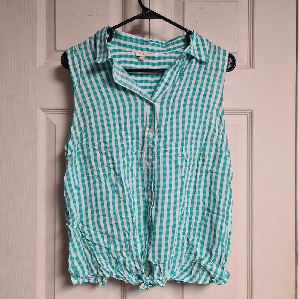 [NWOT] SAINT TROPEZ WEST Women's White+Teal Checkered Sleeveless Top | Size: M
